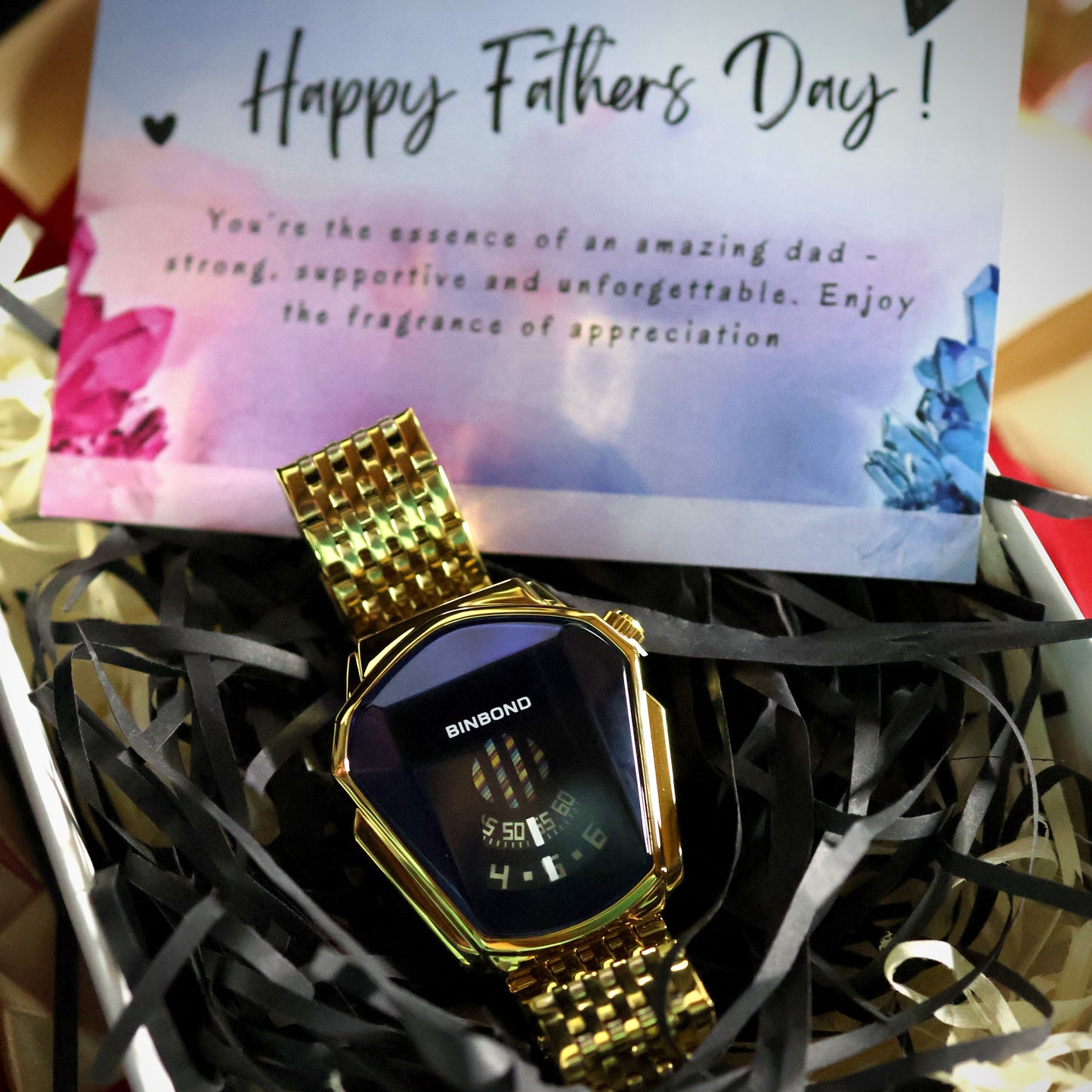 Elegant BINBOND Gold and Blue watch, cologne and personalized card