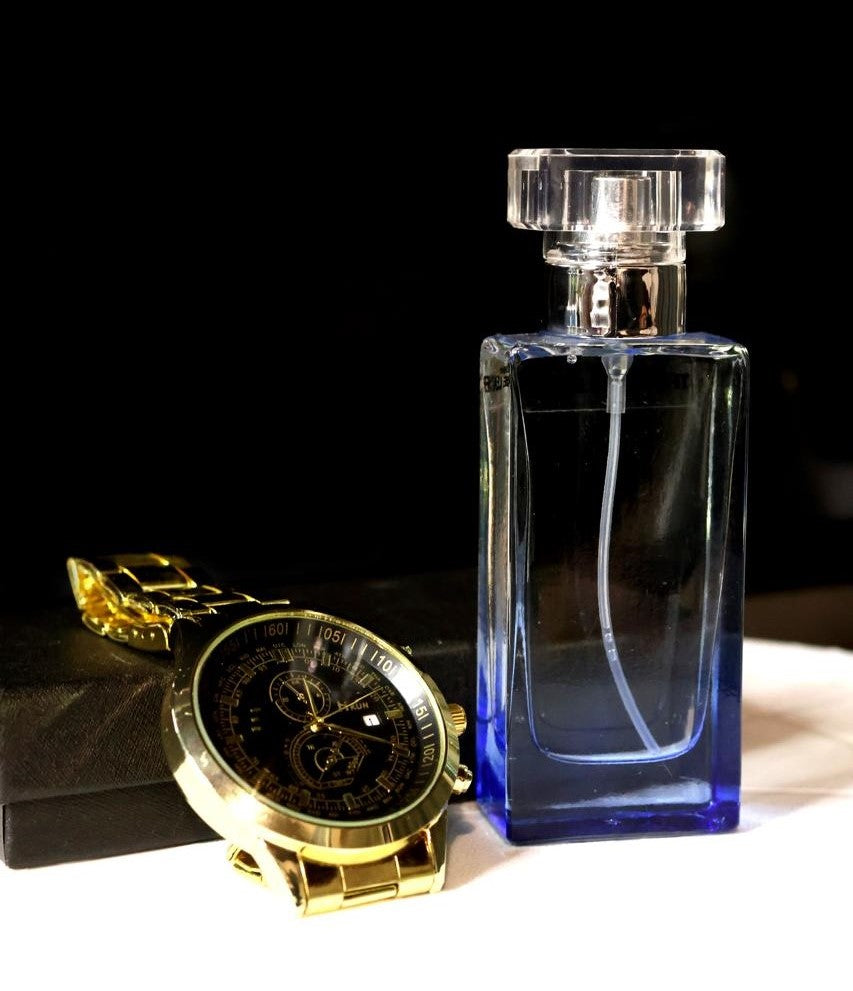 Gold and Black watch with Cologne